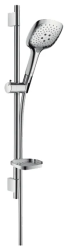 Душевой гарнитур Hansgrohe Raindance Select E 150 3jet, лейка квадратная, высота 71,8 см, комплект: ручной душ/душевая штанга/шланг для душа/ползунок/мыльница, стальной, нержавеющая сталь, цвет хром, наружного монтажа, настенный, для душа/ванной