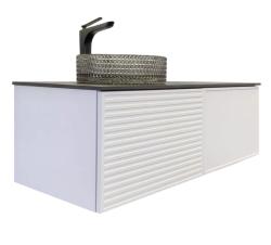 Тумба с раковиной Comforty Геленджик-120 120х52,5х50 см со столешницей мрамор Калакатта Блэк, подвесная, 1 распашная дверца/1 выдвижной ящик, ЛДСП/МДФ, прямоугольная, цвет белый матовый/раковина Comforty CF21004, круглая, из стекла, накладная