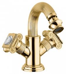 Смеситель для биде Cezares Olimp, двухвентильный, низкий, длина излива 135 мм, неповоротный, керамический, латунь, цвет золото 24 карат, с донным клапаном