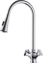 Смеситель для кухни/мойки D&K Hessen Grimm, двухвентильный, керамический, с поворотным/выдвижным изливом, длина 24,3 см, латунь, цвет хром, кухонный DA1382501