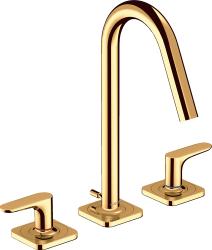 Смеситель для раковины/умывальника Axor Citterio M 160, на 3 отверстия, двухвентильный, с рычаговыми рукоятками, фиксированный излив, длина излива 13,5 см, керамический, латунь, цвет полированное золото, с отдельными розетками, со сливным гарнитуром