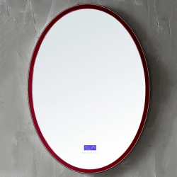 Зеркало Abber Stein, 55х75 см, с LED/ЛЕД-подсветкой, овальное, цвет рамы: красный, выключатель сенсорный, Bluetooth-плеер, датчик температуры, часы, для ванны, навесное/подвесное/настенное