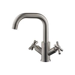 Смеситель для раковины AQUEDUC двухвентильный, излив короткий, длина 112 мм, поворотный, керамический, нержавеющая сталь, цвет сталь, без донного клапана 345729