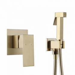 Смеситель с гигиеническим душем ABBER Daheim, встраиваемый, однорычажный, керамический, без излива, с гибким шлангом/лейкой, латунь, цвет золотой матовый