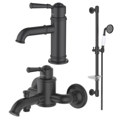 Комплект смесителей Aquatek Классик 3 в 1 черный матовый, смеситель для ванны, раковины, душевой гарнитур, однорычажный, латунь/нержавеющая сталь
