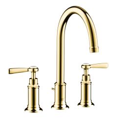 Смеситель для раковины Axor Montreux 180, на 3 отверстия, двухвентильный, с рычаговыми рукоятками, поворотный излив, длина излива 17,5 см, керамический, латунь, цвет полированное золото, со сливным гарнитуром