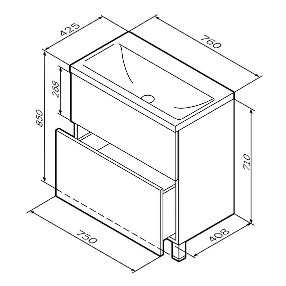 Тумба под раковину AM.PM Gem 75, 750x408x710 мм, напольная, цвет графит матовый, 2 выдвижных ящика, под раковину/умывальник, прямоугольная, универсальная