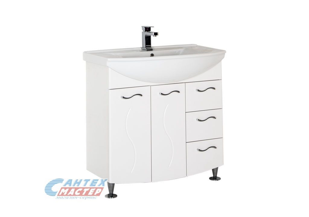 Тумба c раковиной Aquanet Моника 85, 85.2х83.5х34.5 см, напольная, 3 выдвижных ящика, с распашными дверцами, МДФ / Стиль 85, встраиваемая, прямоугольная, цвет белый, керамическая/фарфоровая, отверстие под смеситель, слив-перелив