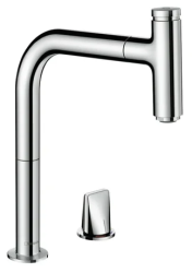Смеситель для кухни/мойки Hansgrohe Metris Select M71, 200 sBox 1jet, на 2 отверстия, однорычажный, керамический, с поворотным/вытяжным изливом, длина 23,5 см, латунь, цвет хром