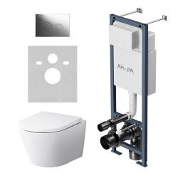 Комплект унитаза с инсталляцией AM.PM Sense, c сиденьем микролифт, с клавишей смыва (кнопкой, клавишей двойного смыва) хром матовый, система для подвесного унитаза, со скрытым смывным бачком (бак), с подвесным унитазом Sense