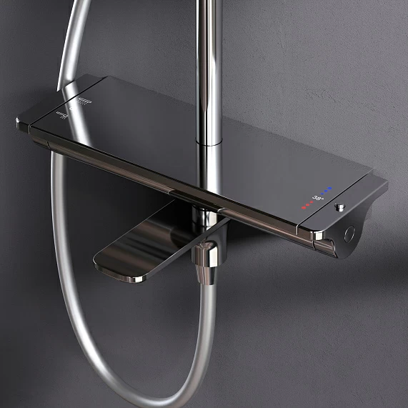 Душевая система AM.PM Spirit 2.0, высота 1030-1460 мм, цвет хром, комплект: термостатический смеситель с изливом/тропический душ (с верхней лейкой)/стойка/лейка/шланг, латунь/нержавеющая сталь/пластик/ПВХ