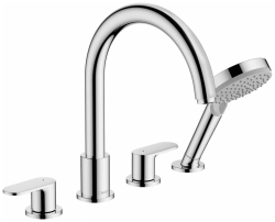 Смеситель для ванны Hansgrohe Vernis Blend на борт ванны двухвентильный, неповоротный, латунный, длина излива 21,1 см, керамический, цвет хром, с душевым шлангом/лейкой, на 4 отверстия