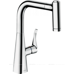 Смеситель для кухни/мойки Hansgrohe Metris M71, 220 Eco sBox 2jet, однорычажный, керамический, с поворотным/вытяжным изливом, длина 21,1 см, латунь, цвет хром