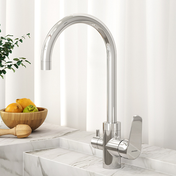 Смеситель для кухни/мойки Damixa Merkur однорычажный, с каналом питьевой воды, керамический, с высоким изливом, длина 189 мм, поворотный, нержавеющая сталь, цвет хром