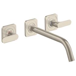 Смеситель для раковины Axor Citterio M, на 3 отверстия, двухвентильный, с рычаговыми рукоятками, скрытого монтажа, настенный, фиксированный излив, длина 22,6 см, керамический, латунь, цвет шлифованный никель, незапираемый сливной набор