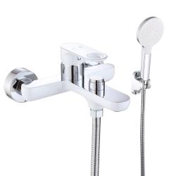 Смеситель для ванны/душа VIEIR настенный, однорычажный, неповоротный, керамический, длина излива 195 мм, латунь, цвет белый/хром