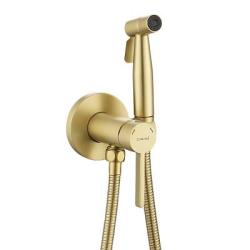 Смеситель с гигиеническим душем Splenka S221.52.03 встраиваемый, однорычажный, керамический, без излива, с гибким шлангом/лейкой, латунь/пластик, цвет сатин золотой, нержавеющая сталь