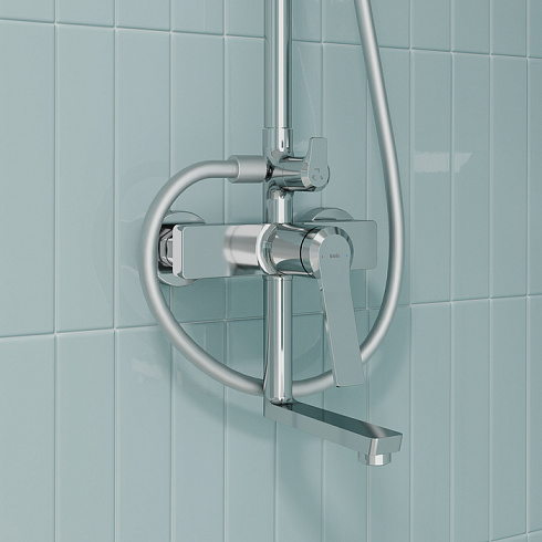 Душевая система IDDIS Parker высота 1142-1444 мм, настенная, цвет хром глянцевый, смеситель однозахватный/короткий излив/тропический душ прямоугольный (с верхней лейкой)/штанга/лейка/шланг, латунь, наружного монтажа