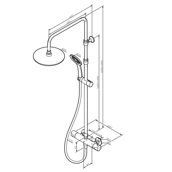 Душевая система AM.PM Crave, высота от 1030-1460 мм, цвет хром, комплект: термостатический смеситель/тропический душ (с верхней лейкой)/стойка/лейка/шланг, наружного монтажа