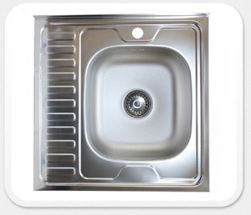 Мойка KromRus, 60х60 см, толщина 0.6 мм, с левым крылом, накладная, нержавеющая сталь, квадратная, цвет матовый, отверстие под смеситель, для кухни, прямая, встроенная