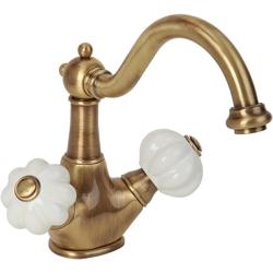 Смеситель для раковины Migliore Olivia, двухвентильный, излив короткий, поворотный, длина 190 мм, керамический, латунь, цвет белый/бронза