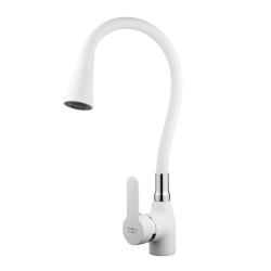 Смеситель для кухни/мойки Melodia Ostessa однорычажный, поворотный излив гибкий, с лейкой "Колокольчик" 2 режима, керамический, длина регулируемая, латунь, цвет белый/хром MDV40617White