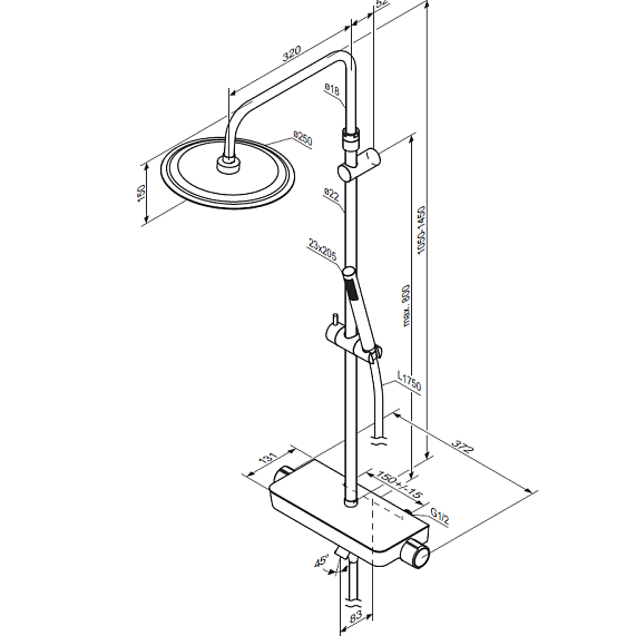 Душевая система Damixa Scandinavian Pure, высота 1050-1450 мм, цвет хром, комплект: термостатический смеситель/излив/тропический душ круглый (с верхней лейкой)/стойка/лейка/шланг, латунь/пластик