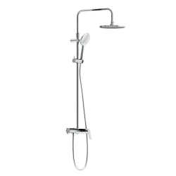 Душевая система Damixa Jupiter, высота 1050-1450 мм, цвет хром, комплект: смеситель-полка/тропический душ круглый (с верхней лейкой)/стойка/лейка/шланг, латунь/пластик
