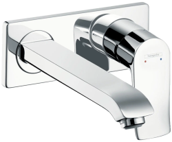 Смеситель для раковины Hansgrohe Metris, скрытого монтажа, настенный, однорычажный, фиксированный излив, длина 22,5 см, керамический, латунь, цвет хром, слив/перелив