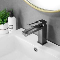 Смеситель для умывальника SHEVANIK однорычажный, прямоугольный, неповоротный, длина излива 130 мм, латунь, цвет оружейная сталь