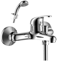 Смеситель для ванны/душа Rossinka, однорычажный, настенный, керамический, неповоротный, с коротким изливом 152 мм, латунь, цвет хром, для ванной