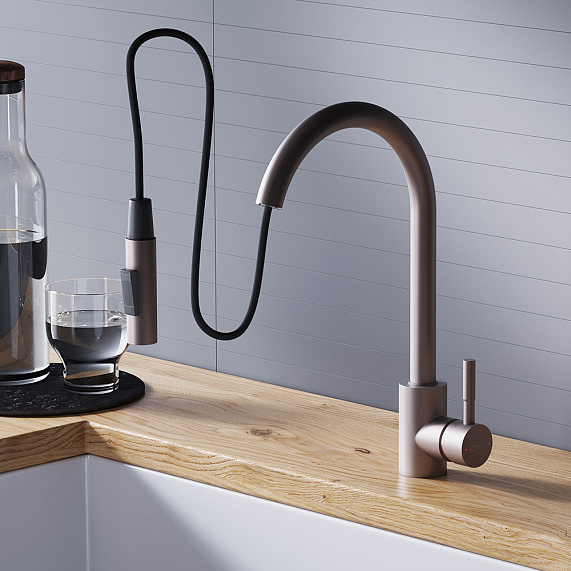 Смеситель для кухни/мойки Dorff Logic однорычажный, поворотный/выдвижной излив, керамический, длина излива 229 мм, нержавеющая сталь, цвет сатин