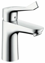 Смеситель для раковины Hansgrohe Focus 100 с удлиненной рукояткой, однорычажный, фиксированный, излив короткий, длина 11,9 см, керамический, латунь, цвет хром, со сливным гарнитуром