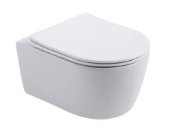 Унитаз подвесной Aquatek Европа белый, горизонтальный (в стену) выпуск, с сиденьем микролифт, дюропласт, безободковый, смыв торнадо, под скрытый бачок