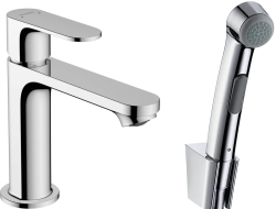 Смеситель для раковины Hansgrohe Rebris S 110, с гигиеническим душем/лейкой, однорычажный, фиксированный излив, длина 13,3 см, керамический, латунь, цвет хром, шланг для душа 160 см, для биде