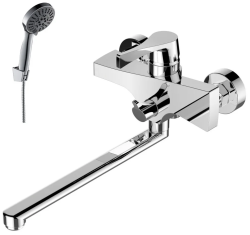 Смеситель для ванны/душа Rossinka, однорычажный, настенный, керамический, поворотный, с длинным изливом 350 мм, латунь, цвет хром, для ванной