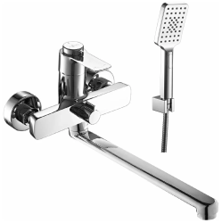 Смеситель для ванны/душа Rossinka, термостатический, настенный, керамический, поворотный, с длинным изливом 350 мм, латунь, цвет хром