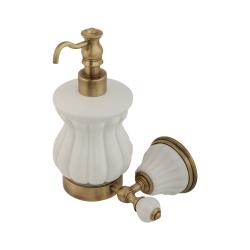 Дозатор жидкого мыла Migliore Olivia, настенный, керамика/стекло, форма округлая, для мыла в ванную/туалет/душевую кабину, цвет бронза/белый