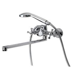 Смеситель для ванны/душа Voda Island двухвентильный, керамический, настенный, излив 350 мм, с гибким шлангом, лейкой, хром, латунь ISL 31