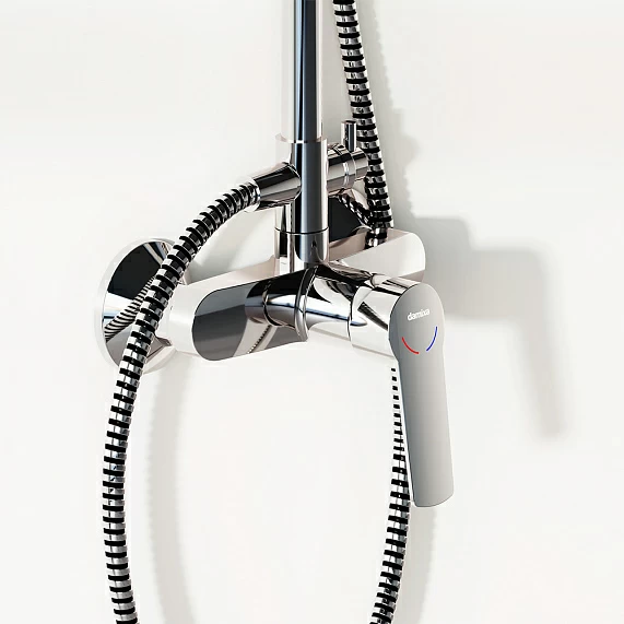 Душевая система Damixa Jupiter, высота 1050-1450 мм, цвет хром, комплект: смеситель/тропический душ круглый (с верхней лейкой)/стойка/лейка/шланг