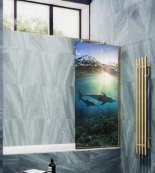 Душевая шторка на ванну MaybahGlass, 140х70 см, стекло с рисунком (ФП004)/профиль узкий, цвет золото, фиксированная, закаленное стекло 8 мм, плоская/панель, правая/левая, правосторонняя/левосторонняя, универсальная