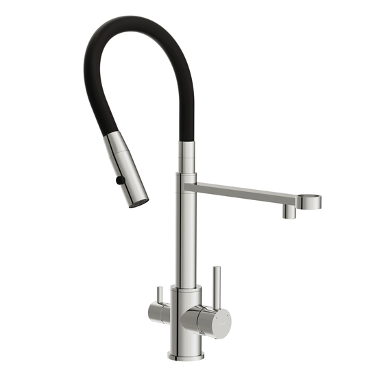 Смеситель для кухни/мойки Cersanit Zen с подключением фильтра, однорычажный, поворотный/гибкий, керамический, излив 227 мм, высота излива 266 мм латунь/силикон, цвет хром/черный