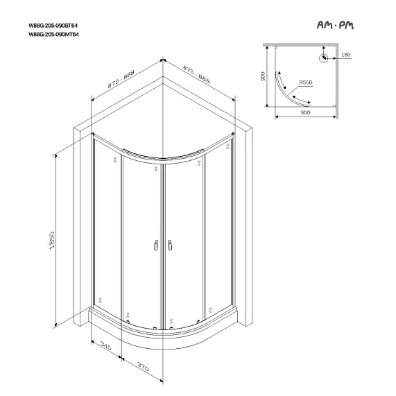 Душевое ограждение AM.PM X-Joy 90x90 см без поддона, полукруглый/угловой, стекло закаленное прозрачное 4 мм, без крыши, раздвижной, алюминевый профиль серебристый, универсальная ориентация