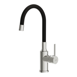 Смеситель для кухни/мойки Cersanit Melar однорычажный, поворотный/гибкий излив, керамический, высота 237 мм, длина 220 мм, нержавеющая сталь/силикон, цвет хром/черный