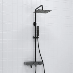 Душевая система WasserKRAFT Abens, высота 800-1250 мм, цвет хром/черный матовый, комплект: термостатический смеситель/излив/тропический душ (с верхней лейкой)/стойка/лейка/шланг, наружного монтажа
