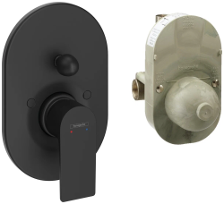 Смеситель для ванны Hansgrohe Rebris E скрытого монтажа, настенный/встраиваемый, однорычажный, латунный, без излива, керамический, овальный, цвет матовый черный, без душевого шланга/лейки, в комплекте со скрытой частью