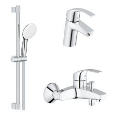 Комплект смесителей Grohe Eurosmart 3 в 1, однорычажный смеситель для раковины/умывальника, ванны/душа, штанга с ручной лейкой, латунь, цвет хром 129153