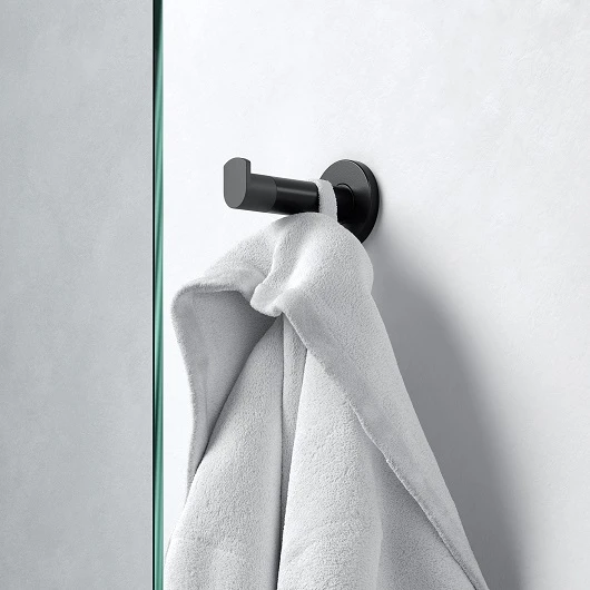 Крючок одинарный Keuco Plan настенный, с упором для двери, латунь/пластик, форма округлая, для полотенец/халатов в ванную/туалет/душевую кабину, цвет черный/черный матовый