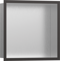 Полка Hansgrohe XtraStoris Individual 300/300/100, с дизайнерской рамой, размер 30х30х10 см, встраиваемая в нишу, форма прямоугольная, цвет шлифованная сталь/черный хром, нержавеющая сталь, встроенная/настенная, шкаф/короб
