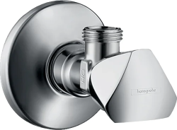 Вентиль Hansgrohe угловой с рукояткой E, одновентильный, запорный, латунь, хром, керамический, подключение к стене 1/2, отвод 3/8, для смесителя